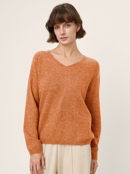 Mongolian Cashmere &amp; Mulberry Silk Seamless Ribbed Trim V-Neck Sweater TESSA by LINTICO