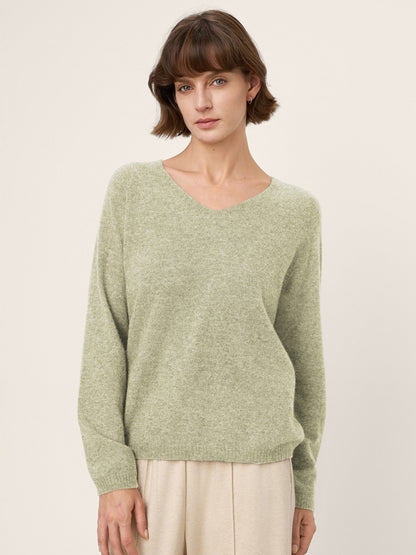 Mongolian Cashmere &amp; Mulberry Silk Seamless Ribbed Trim V-Neck Sweater TESSA by LINTICO