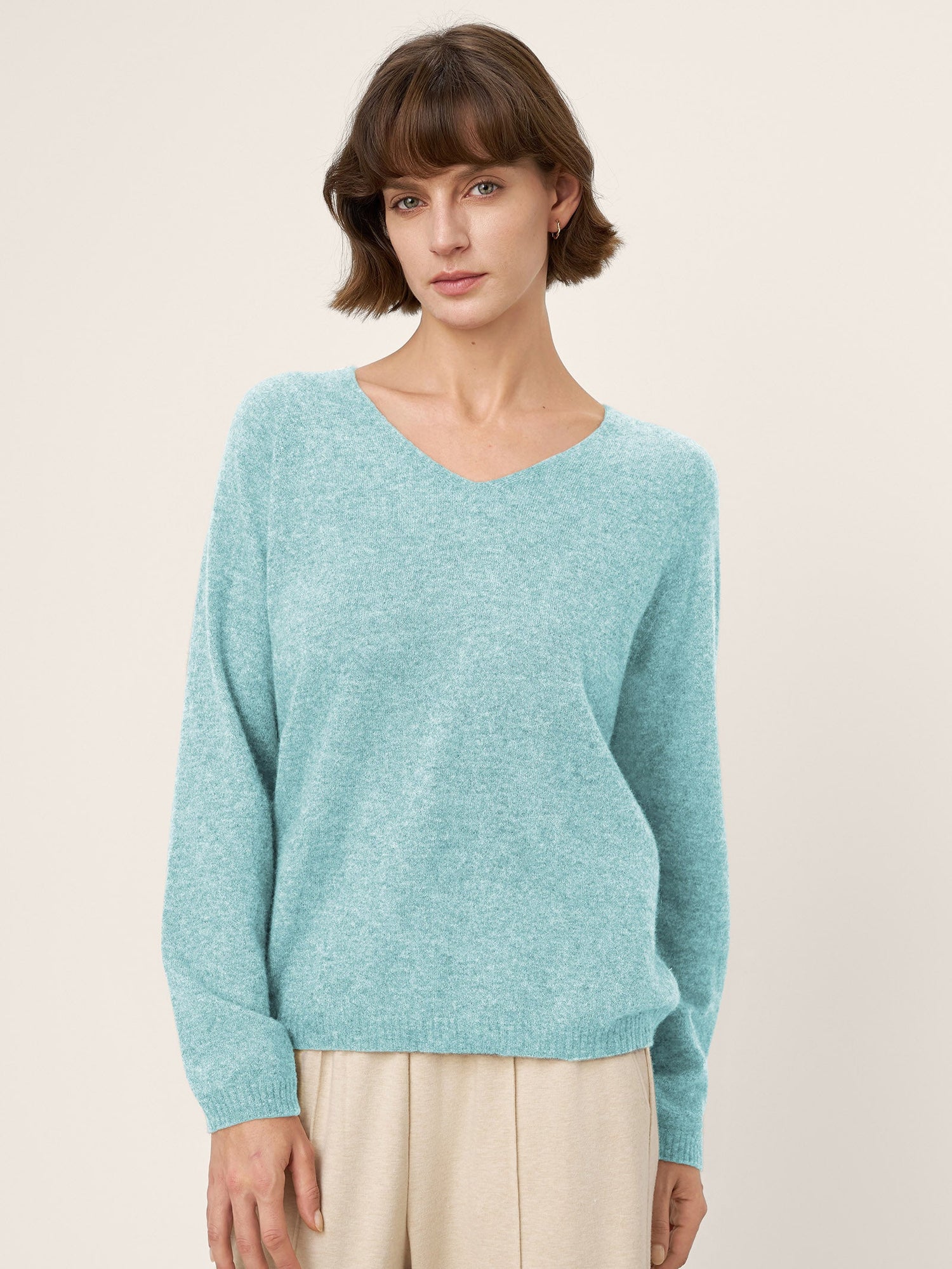 Mongolian Cashmere &amp; Mulberry Silk Seamless Ribbed Trim V-Neck Sweater TESSA by LINTICO