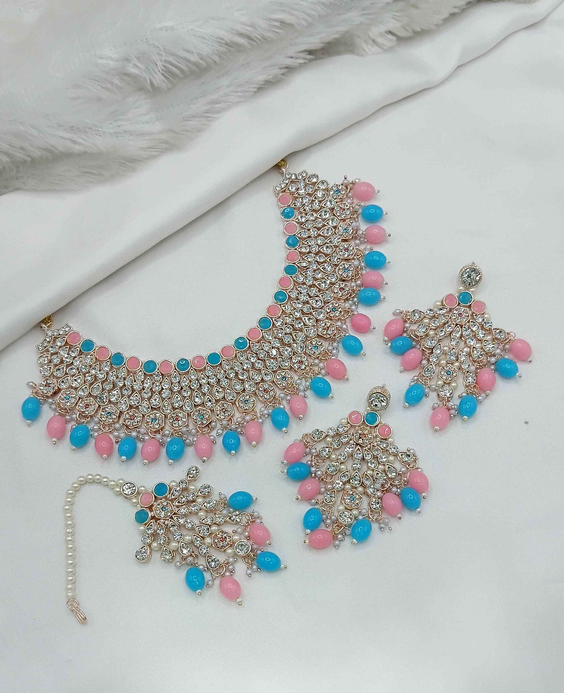 Joban Fashion Pink-Blue Stone Work Necklace Set
