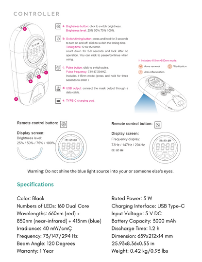Eco Face proCLEAR LED Mask Jet Black - Red & Near Infrared Light Therapy for Anti-Aging - DestGlow