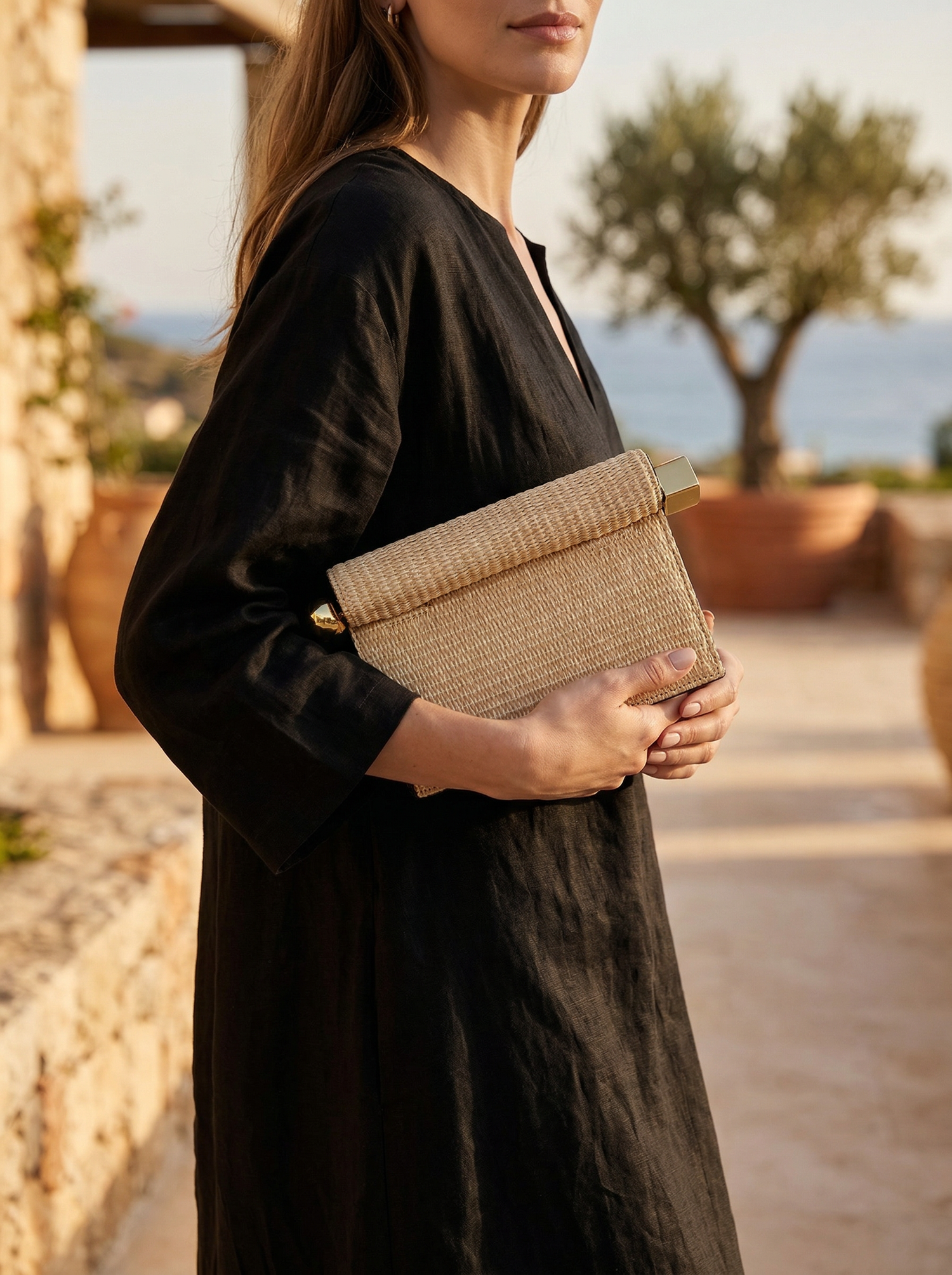 Elegant Woven Straw Foldover Clutch Natural Evening Handbag for Special Occassion by LINTICO