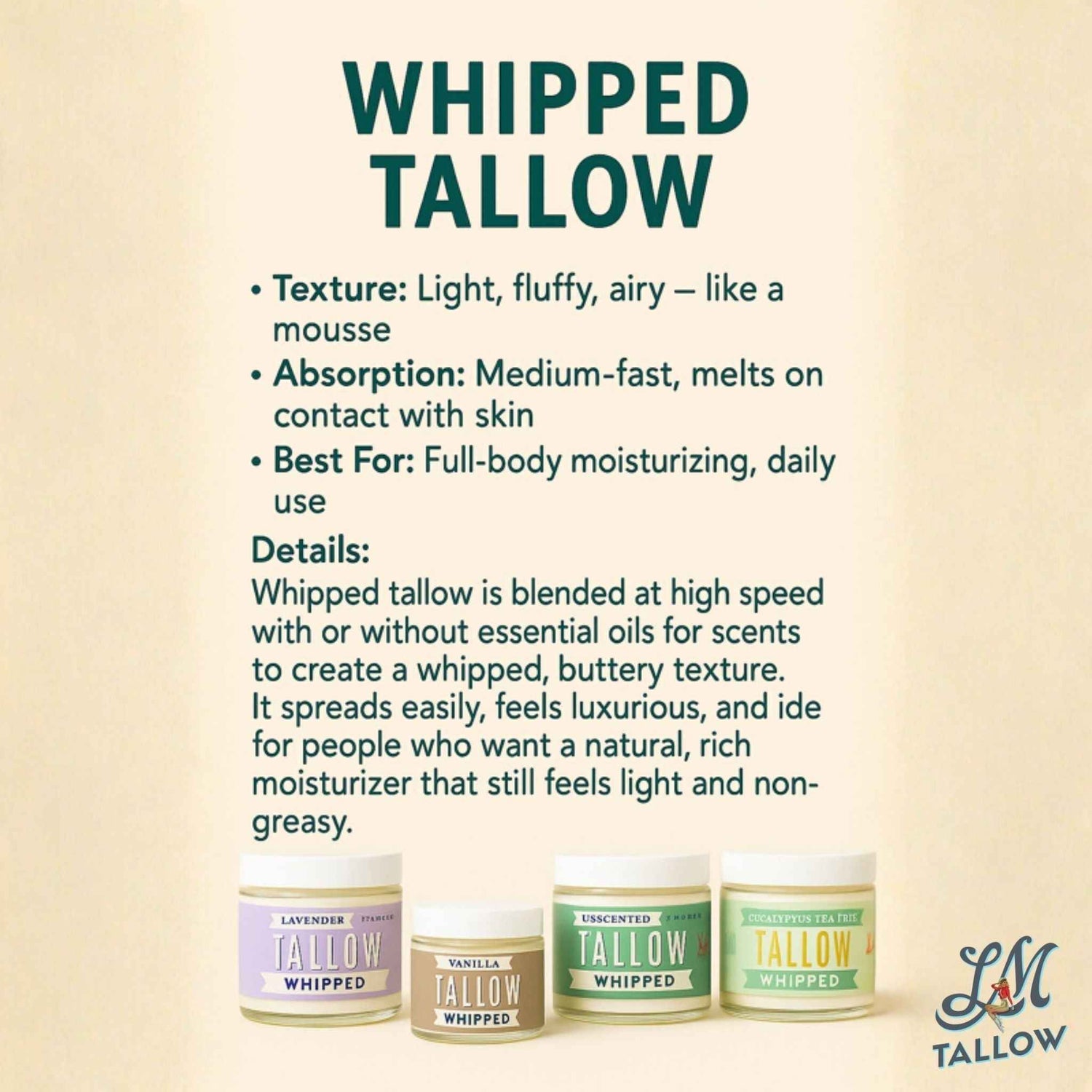 Unscented Whipped Tallow – All-Natural Moisturizer | Pure Beef Tallow Cream for Face &amp; Body |Lady May Handmade, Preservative-Free Skincare