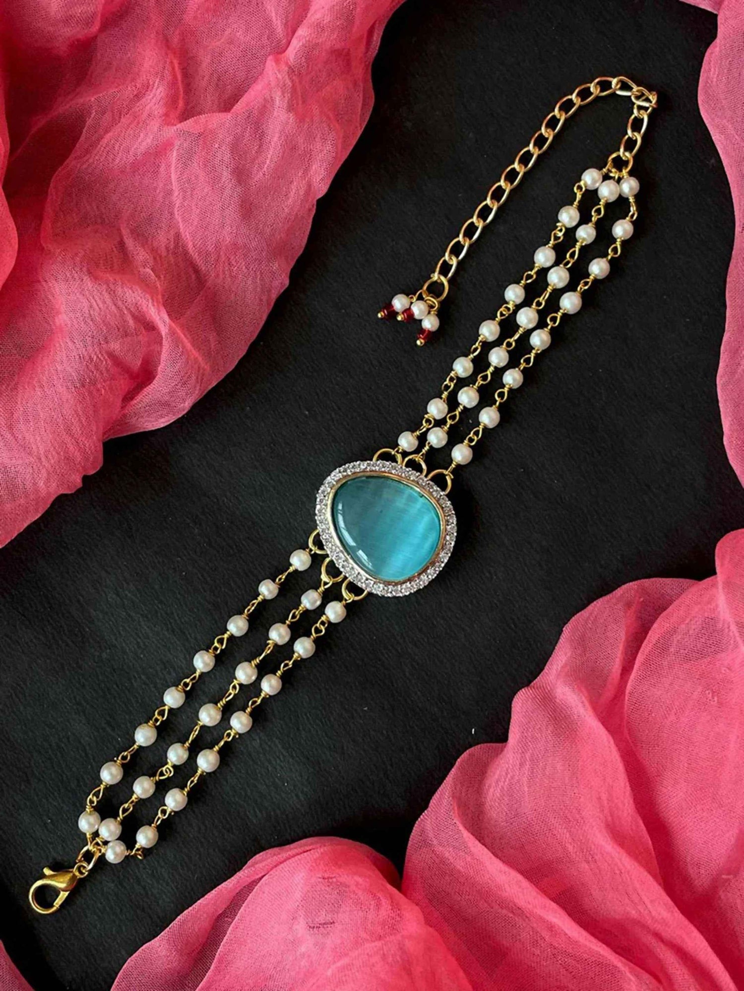 Joban Fashion Sky Blue Brass Ad With Monalisa Stone Beaded Bracelet