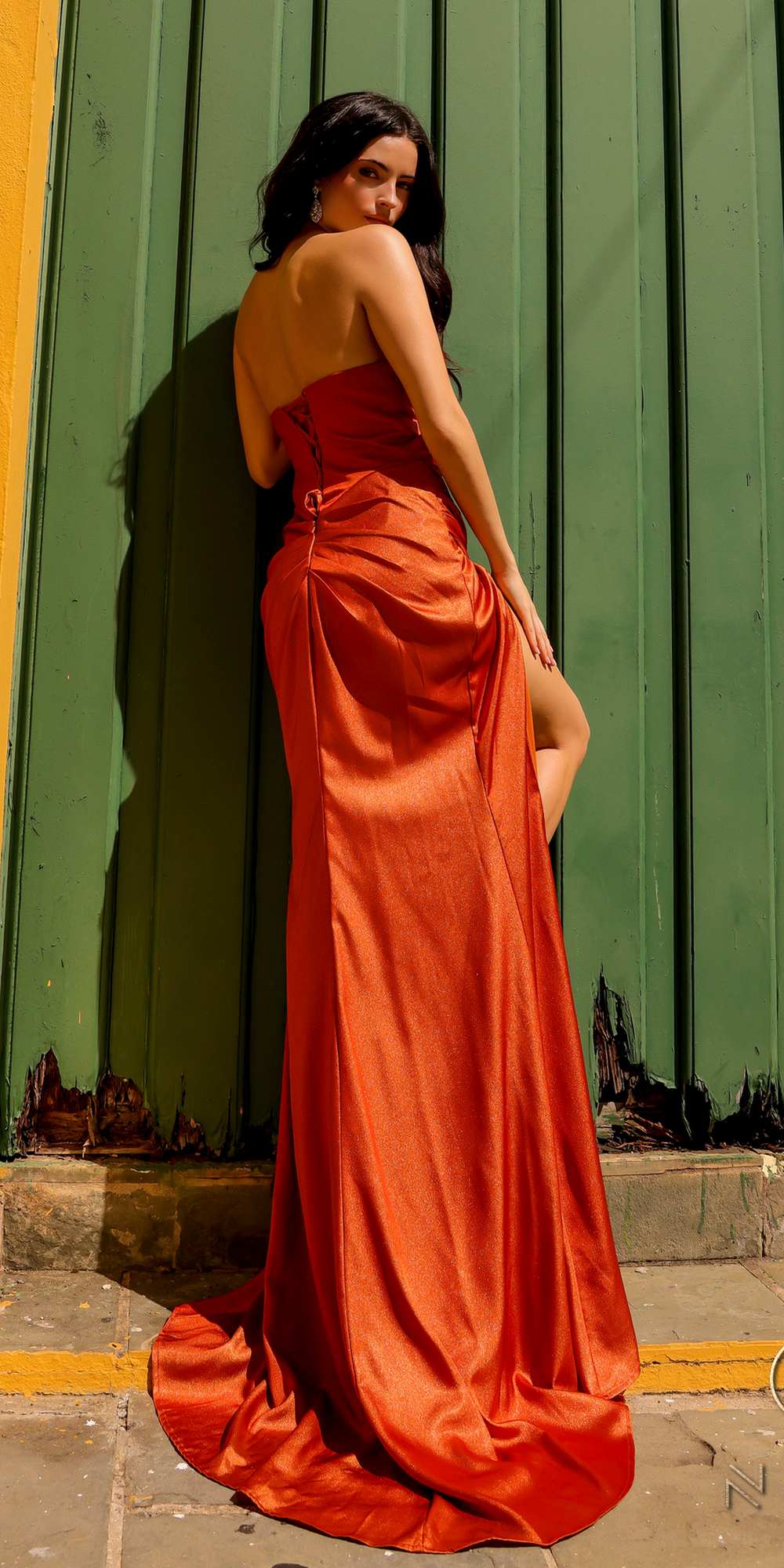 Nox Anabel F1380 Long Strapless Pointed V-Bodice Fitted Satin Gown by DiscountDressShop