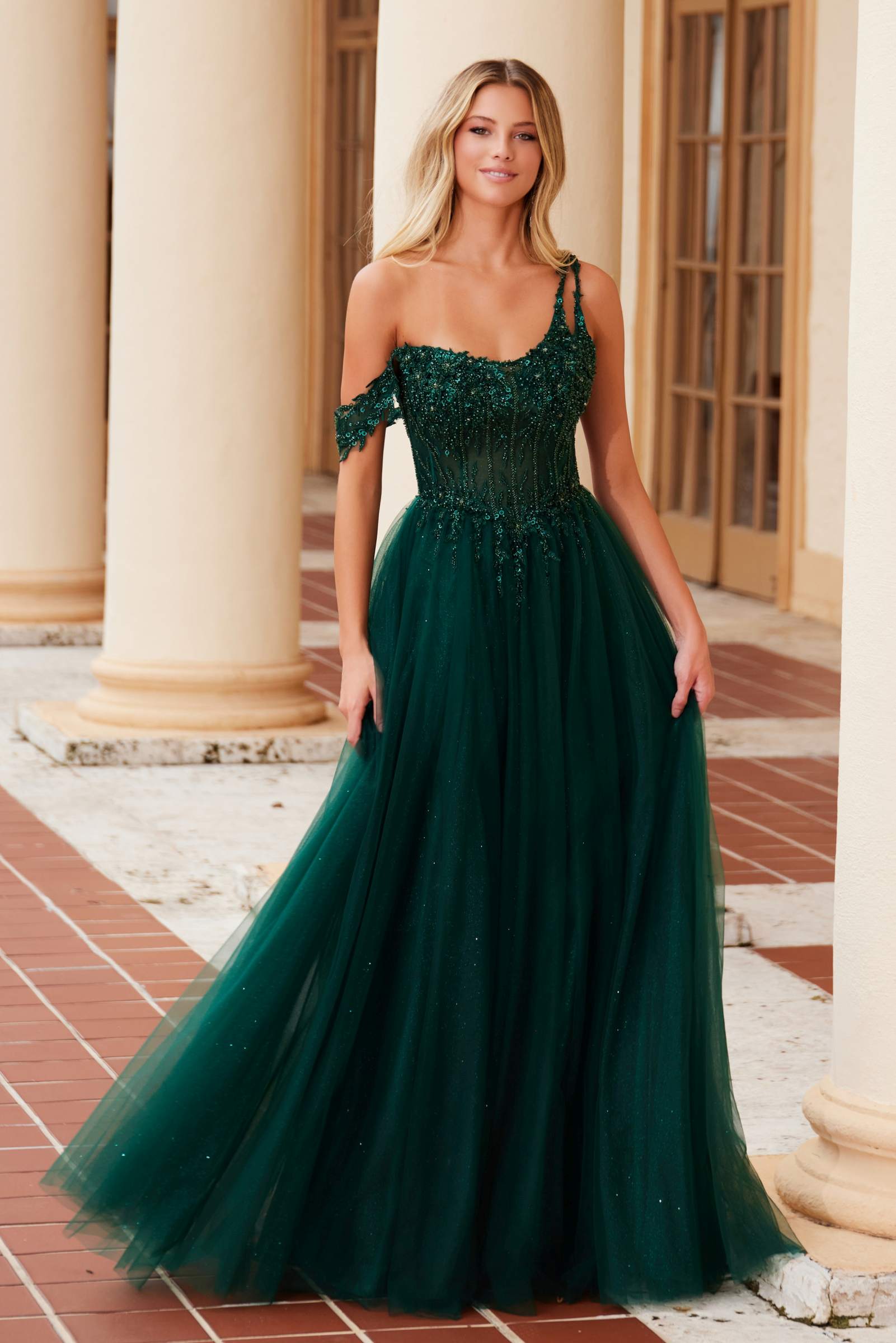 Nox Anabel F1567 Embroidered A-Line Sheer Boned Waistline Dress by DiscountDressShop