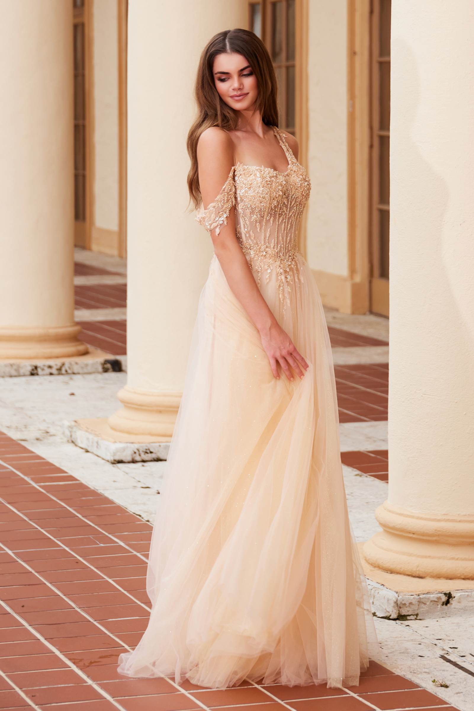 Nox Anabel F1567 Embroidered A-Line Sheer Boned Waistline Dress by DiscountDressShop