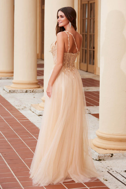 Nox Anabel F1567 Embroidered A-Line Sheer Boned Waistline Dress by DiscountDressShop