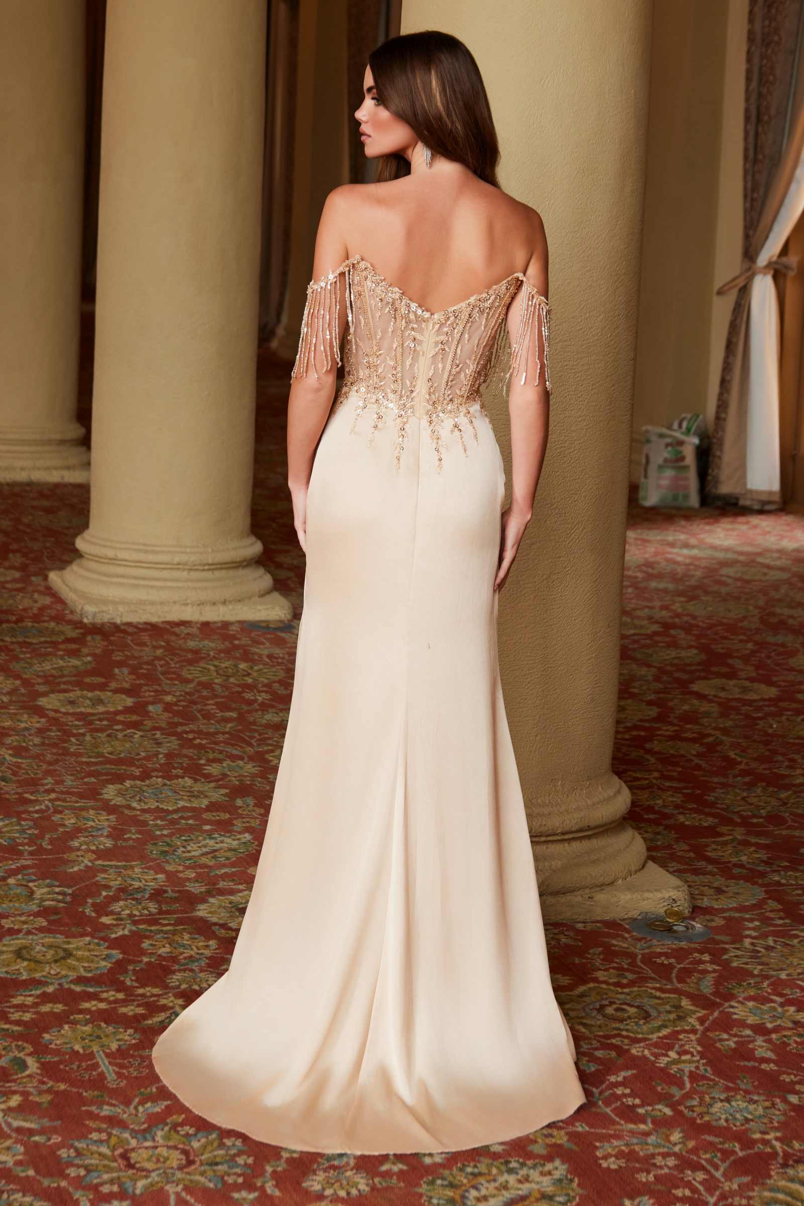 Nox Anabel F1571 Fringed Off-Shoulder Sequin Sweetheart Neckline Dress by DiscountDressShop