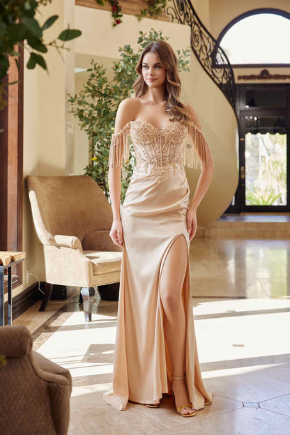 Nox Anabel F1571 Fringed Off-Shoulder Sequin Sweetheart Neckline Dress by DiscountDressShop