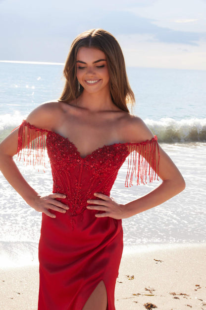 Nox Anabel F1571 Fringed Off-Shoulder Sequin Sweetheart Neckline Dress by DiscountDressShop
