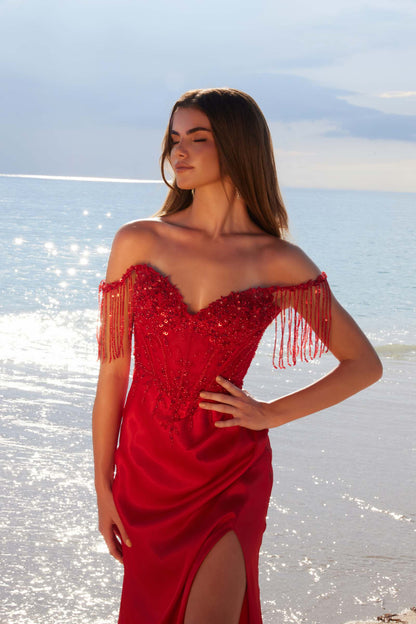 Nox Anabel F1571 Fringed Off-Shoulder Sequin Sweetheart Neckline Dress by DiscountDressShop