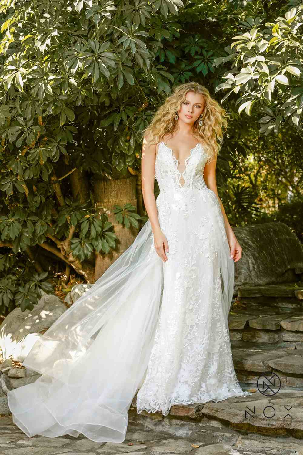 Nox Anabel F485 Lace and Beads Mermaid Gown Chiffon Overskirt by DiscountDressShop