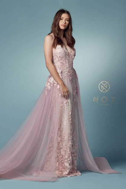 Nox Anabel F485 Lace and Beads Mermaid Gown Chiffon Overskirt by DiscountDressShop