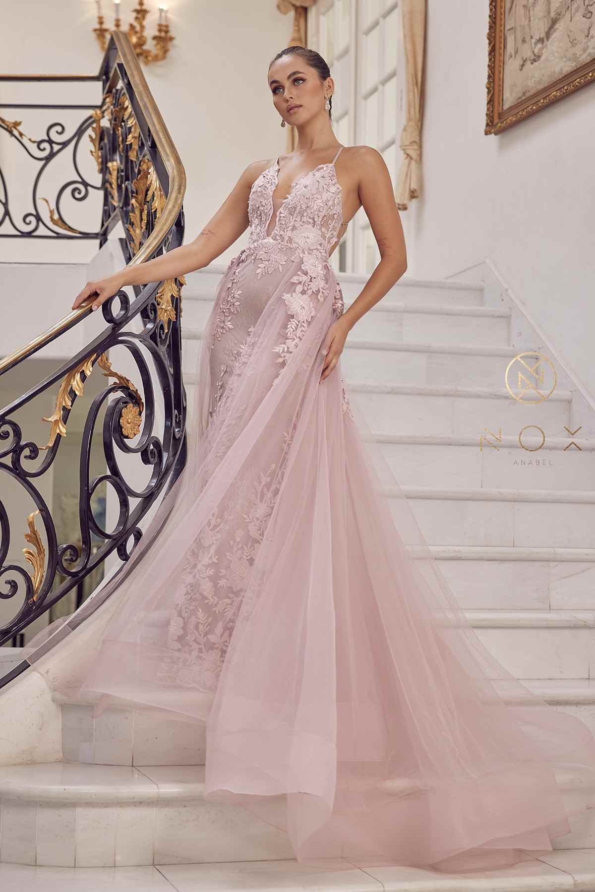 Nox Anabel F485 Lace and Beads Mermaid Gown Chiffon Overskirt by DiscountDressShop