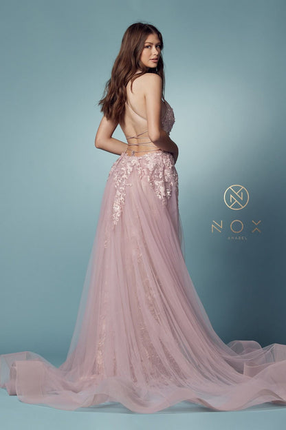 Nox Anabel F485 Lace and Beads Mermaid Gown Chiffon Overskirt by DiscountDressShop