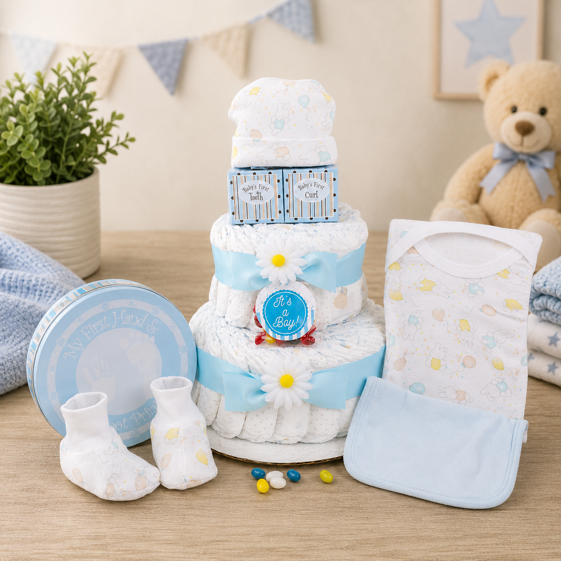 Blue Two-Tier Diaper Cake Gift Basket  DestGlow