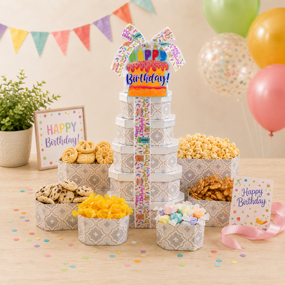 Happy Birthday Gift Tower of Treats by Alder Creek Gift Baskets