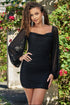 Lucia Sheer Sleeve Ruched Mini Dress - Black - DestGlow