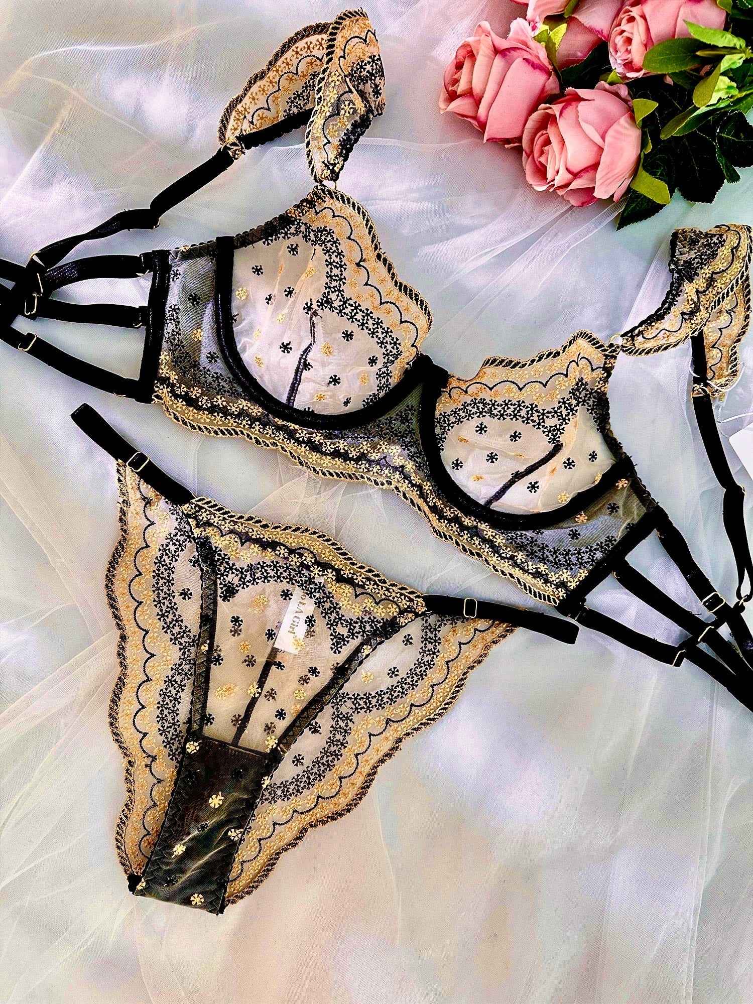 Black&amp;Gold Luxury Lace Embroidered Lingerie Set