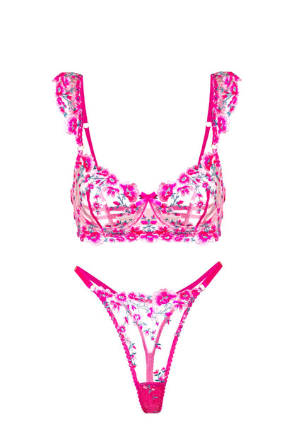 Pink Blossom Embroidery Lingerie Set