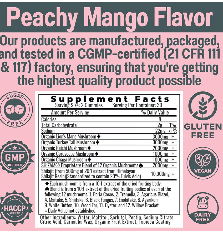 Shilajit + 17 Mushroom Complex Gummies | 22,000mg All-in-One Energy &amp; Immunity Booster | Sugar-Free Peach Mango Flavor by Seamoss depot