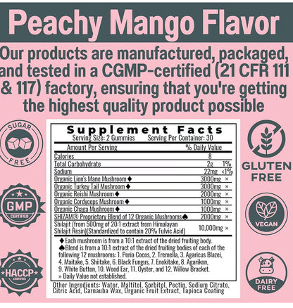 Shilajit + 17 Mushroom Complex Gummies | 22,000mg All-in-One Energy &amp; Immunity Booster | Sugar-Free Peach Mango Flavor by Seamoss depot