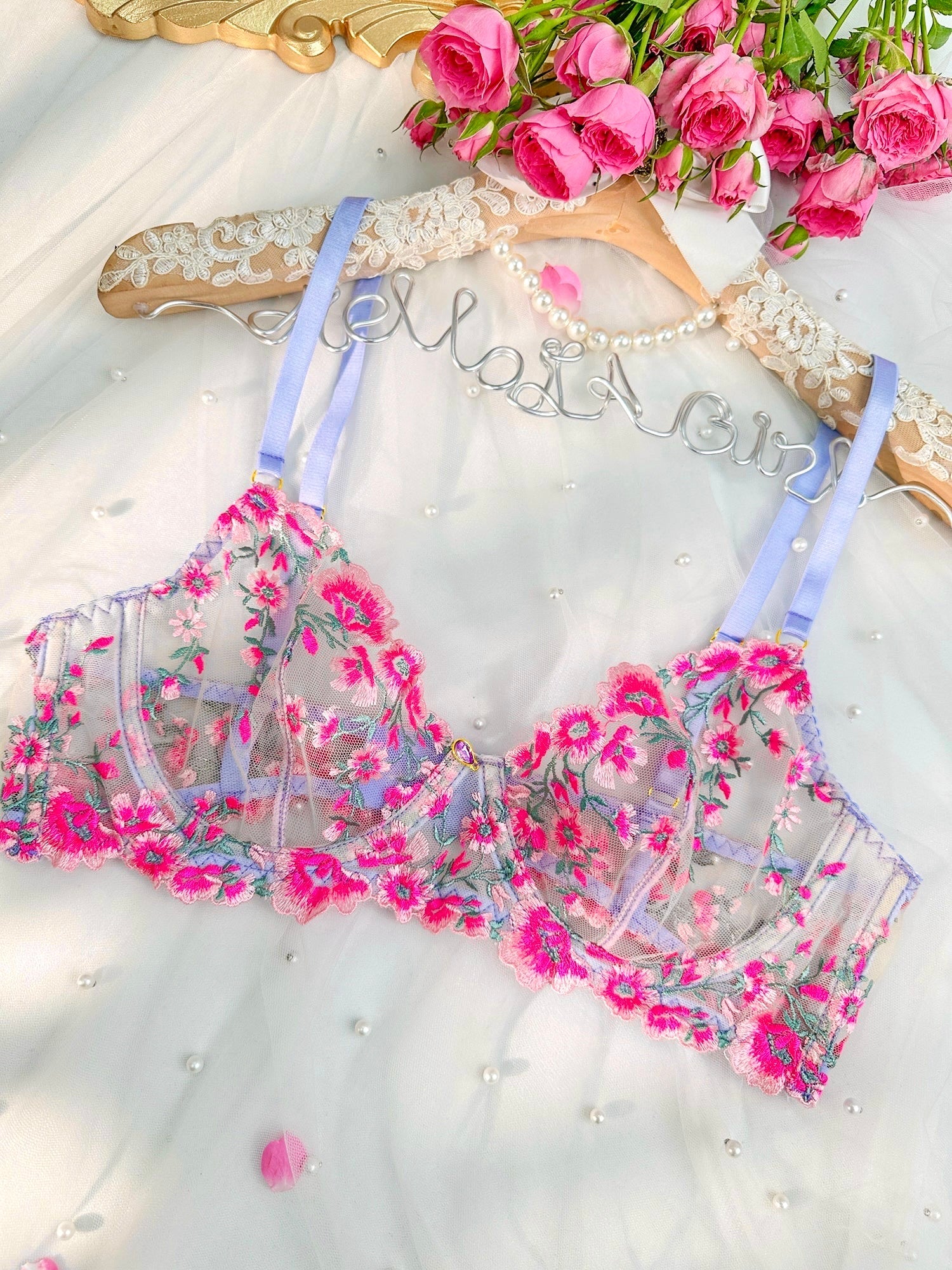 Fantasy Pink Bloom Embroidery Lingerie Set 