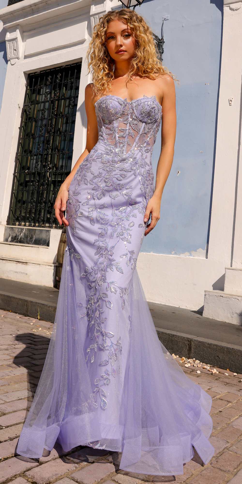 Nox Anabel G1258 Strapless Lace Applique Corset Bodice Mermaid Gown by DiscountDressShop