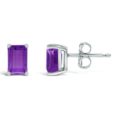 14K White Gold 6x4MM Emerald Shaped Amethyst Solitaire Stud Earrings by Bids.com