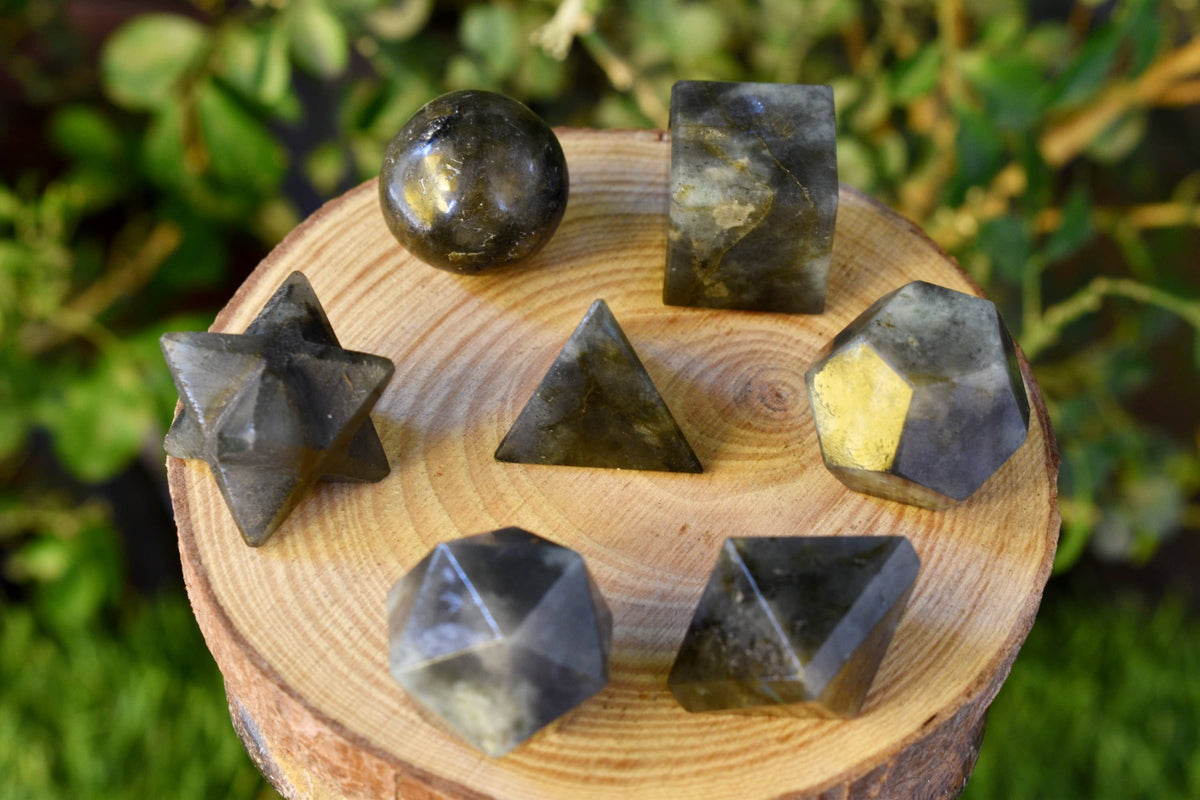 7 pcs Labradorite Platonic Solids Sacred Geometric Set, Crystal Geometry Set  DestGlow