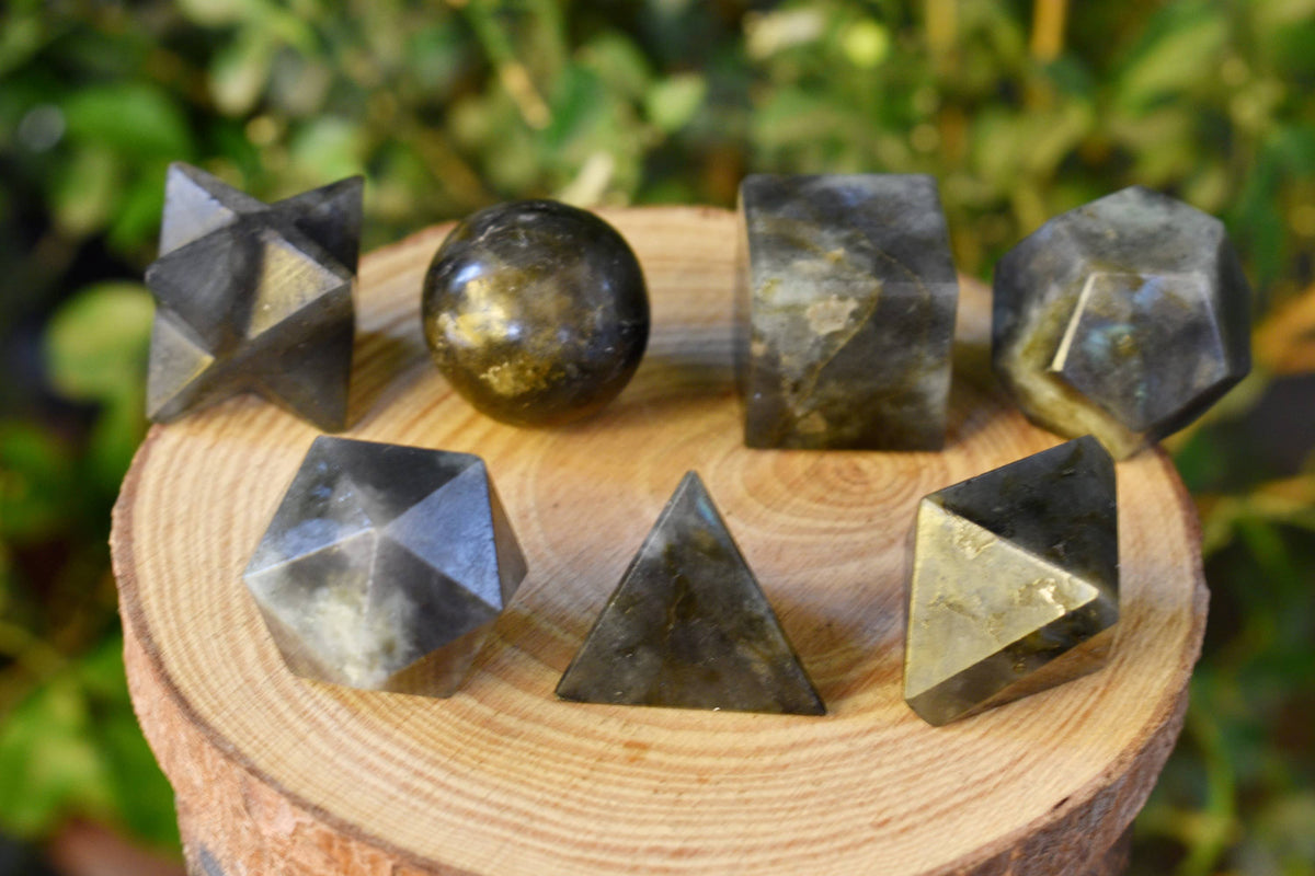 7 pcs Labradorite Platonic Solids Sacred Geometric Set, Crystal Geometry Set  DestGlow