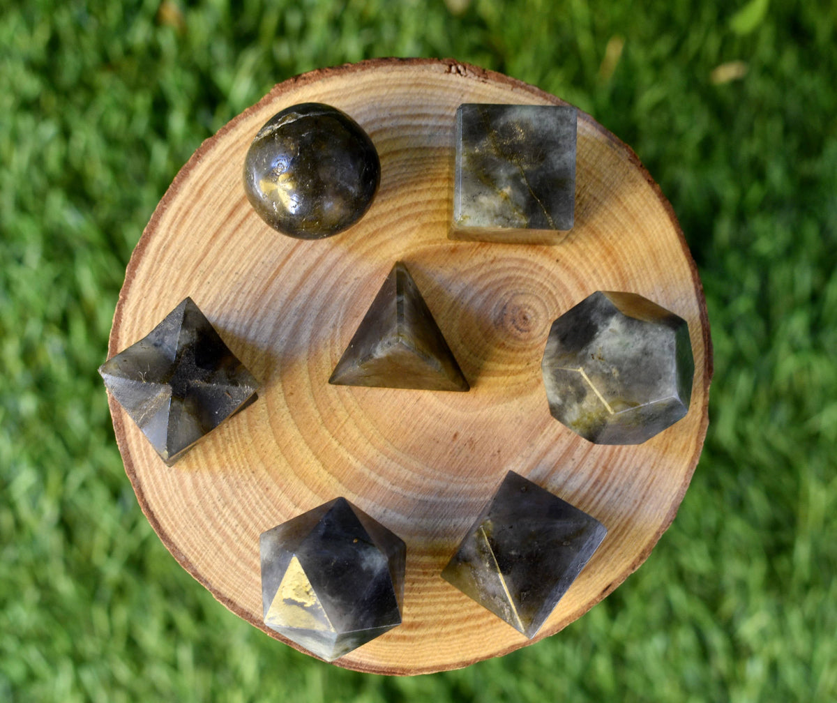 7 pcs Labradorite Platonic Solids Sacred Geometric Set, Crystal Geometry Set  DestGlow