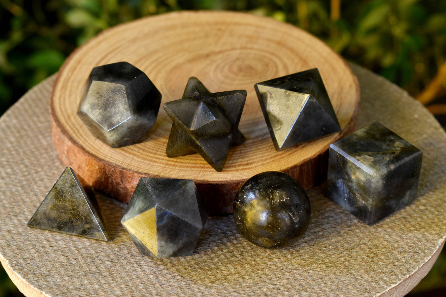 7 pcs Labradorite Platonic Solids Sacred Geometric Set, Crystal Geometry Set  DestGlow