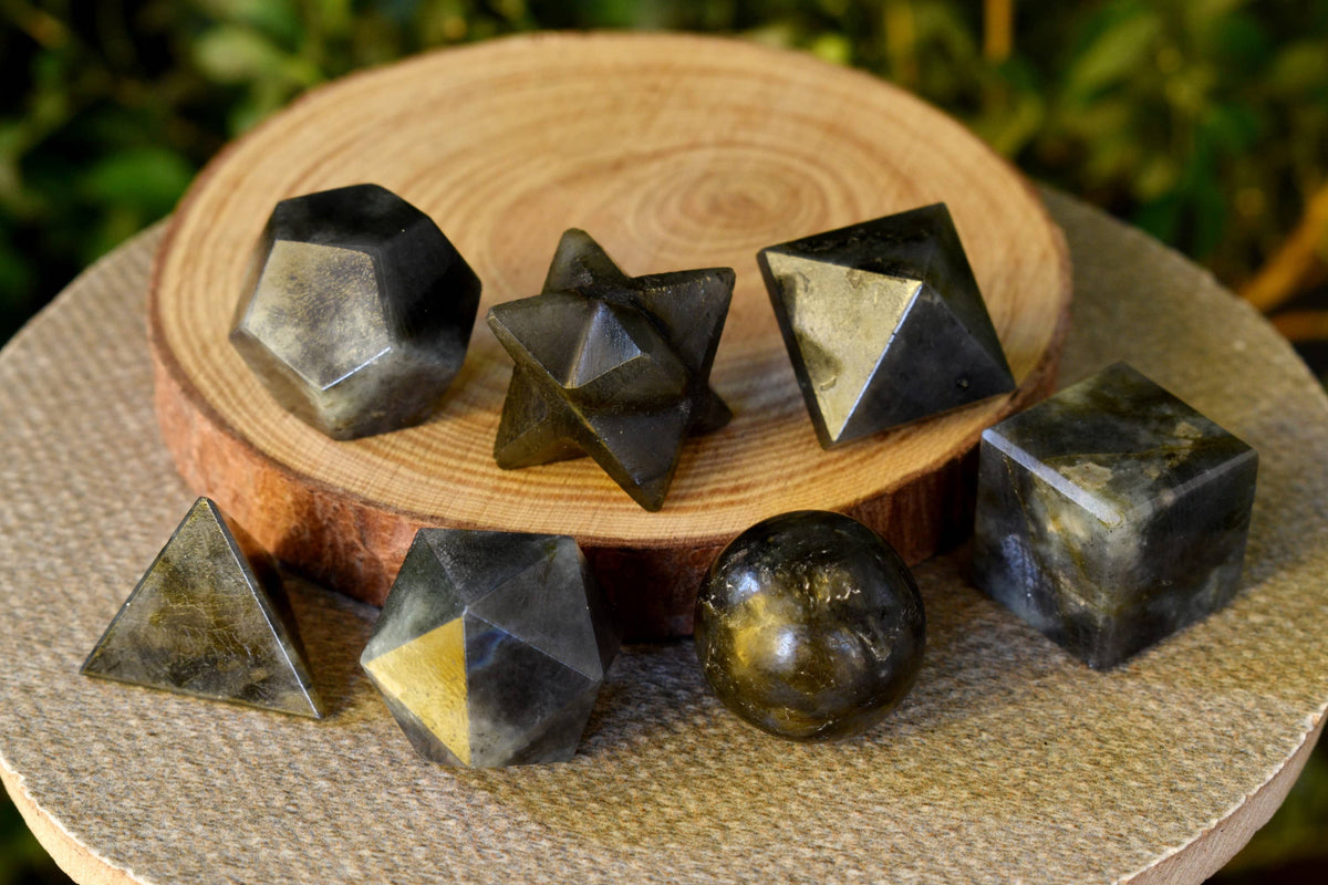 7 pcs Labradorite Platonic Solids Sacred Geometric Set, Crystal Geometry Set  DestGlow