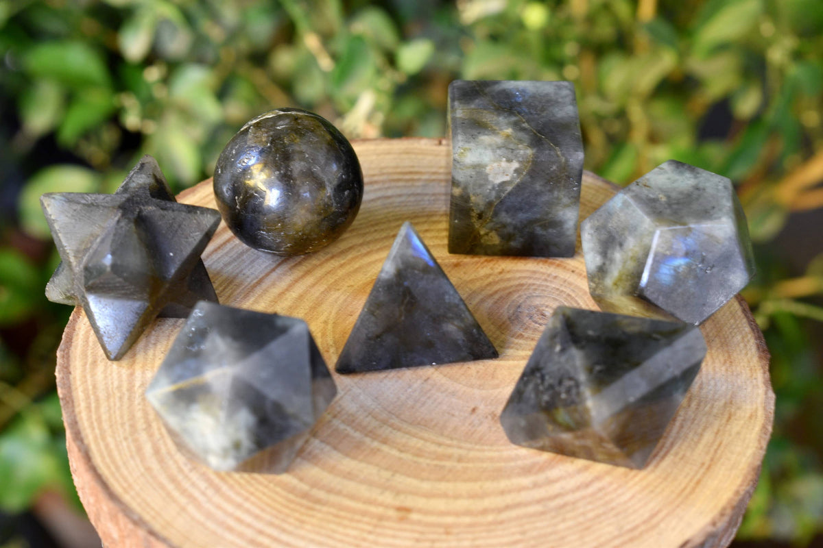 7 pcs Labradorite Platonic Solids Sacred Geometric Set, Crystal Geometry Set  DestGlow