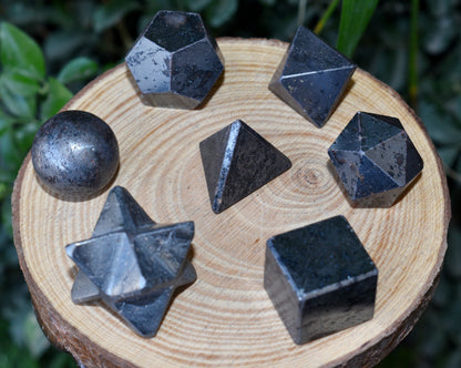 7 pcs Hematite Platonic Solids Sacred Geometric Set, Crystal Geometry Set
