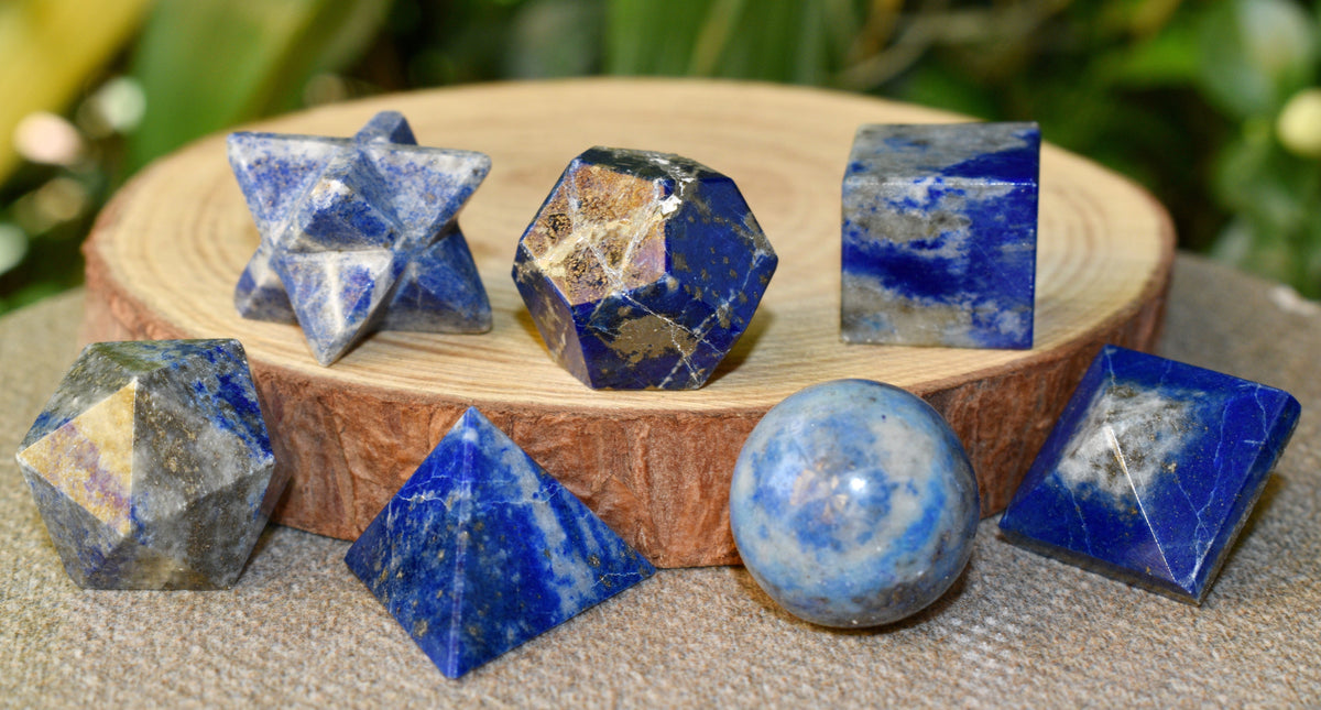7 pcs Lapis Lazuli Platonic Solids Sacred Geometric Set, Crystal Geometry Set