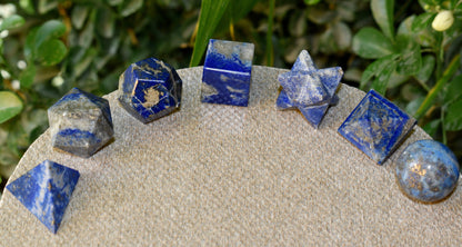 7 pcs Lapis Lazuli Platonic Solids Sacred Geometric Set, Crystal Geometry Set  DestGlow