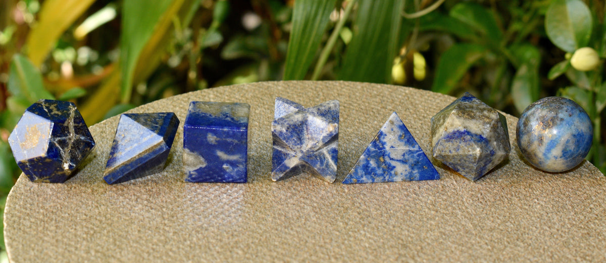 7 pcs Lapis Lazuli Platonic Solids Sacred Geometric Set, Crystal Geometry Set  DestGlow