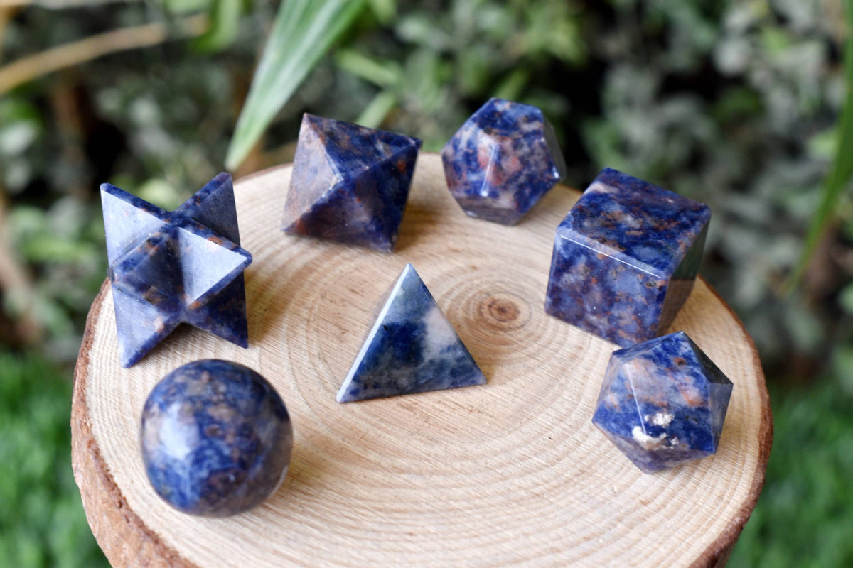 7 pcs Sodalite Platonic Solids Sacred Geometric Set, Crystal Geometry Set