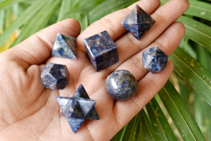 7 pcs Sodalite Platonic Solids Sacred Geometric Set, Crystal Geometry Set  DestGlow