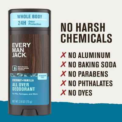 Every Man Jack All Over Solid Deodorant Coconut + Vanilla 2.6oz - New