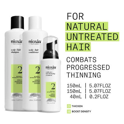 Nioxin System 2 Hair Thickening Natural &amp; Untreated Hair Shampoo &amp; Conditioner Kit 3ct - New