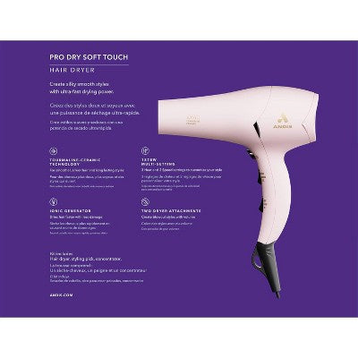Andis Soft Touch Pro Dry Tourmaline Ionic Dryer Pink 1875 Watts - Imperfect Box by This is Beauty US