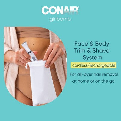 Conair Girlbomb Wet and Dry Cordless Rechargeable Face Shaver with Nose, Ear, Eyebrow and Bikini Trimmer Attachments Set 6pc - New by This is Beauty US