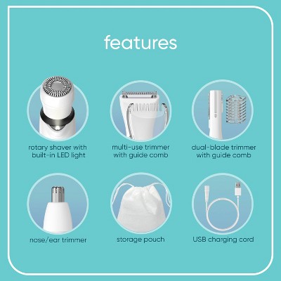 Conair Girlbomb Wet and Dry Cordless Rechargeable Face Shaver with Nose, Ear, Eyebrow and Bikini Trimmer Attachments Set 6pc - Imperfect Box by This is Beauty US