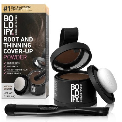 BOLDIFY Root Touch Up Powder with Brush Covers Grays Medium Brown - Imperfect Box by This is Beauty US