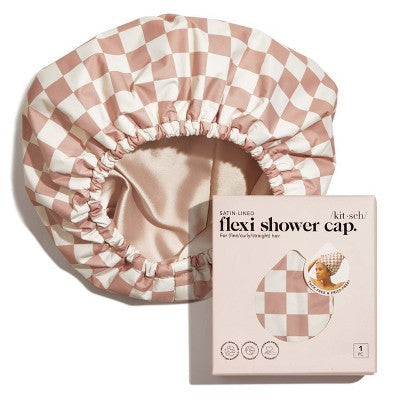 Kitsch Satin Lined Flexi Shower Cap Terracotta Checker - Imperfect Box by This is Beauty US