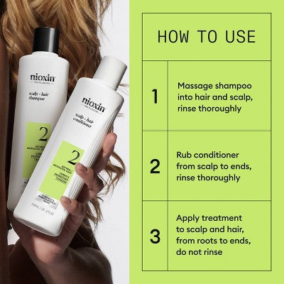 Nioxin System 2 Hair Thickening Natural &amp; Untreated Hair Shampoo &amp; Conditioner Kit 3ct - New